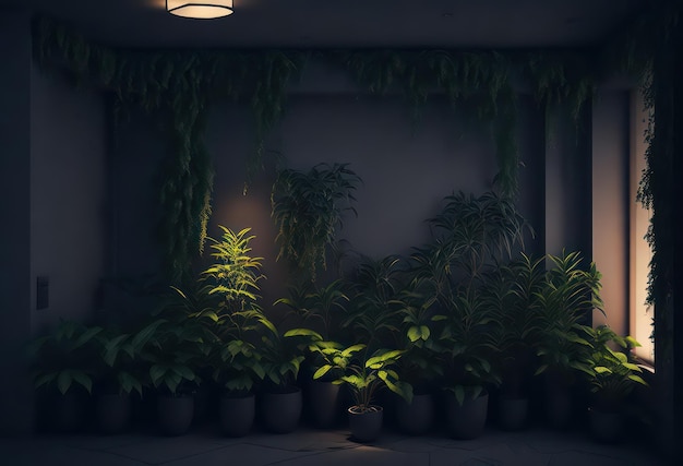 Ein dunkler Raum mit Pflanzen und einer Lampe an der Wand.