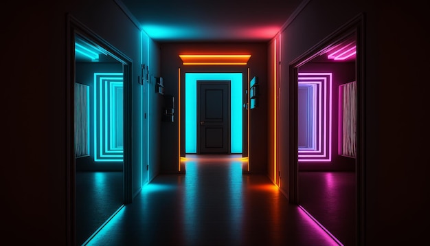 Ein dunkler Raum mit vielen Neonlichtern