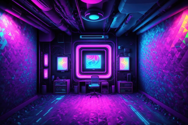 Ein dunkler Raum mit violetten und rosafarbenen Lichtern und einem violetten Hintergrund.