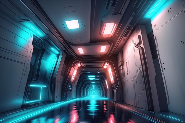 Ein dunkler Tunnel mit blauem Licht und einem Schild mit der Aufschrift „Weltraum“