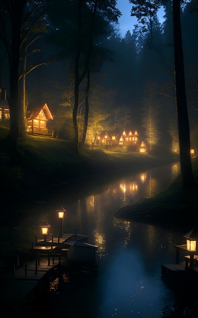 Ein dunkler Wald mit einem kleinen Haus mit einer Laterne auf dem Wasser.