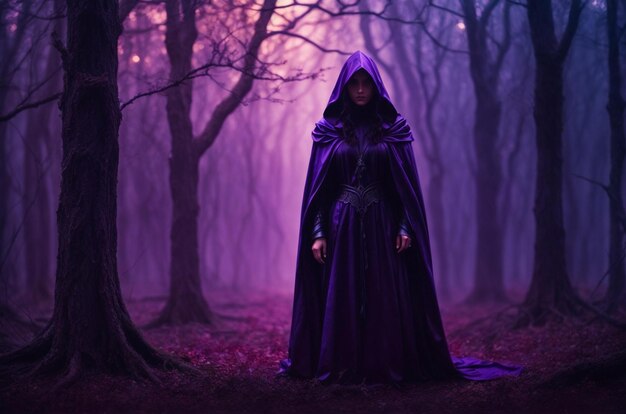 ein dunkler Wald mit einem lila Hintergrund und eine Frau in einem lila Mantel.