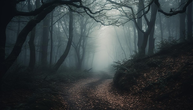 Ein dunkler Wald mit einem Pfad, der beleuchtet ist.