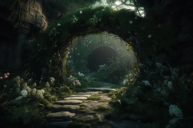 Ein dunkler Wald mit einem Steinweg und einem Tunnel mit einem moosigen Weg.