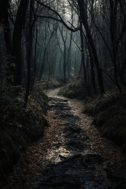 Ein dunkler Wald mit einem Weg und einem Licht darauf