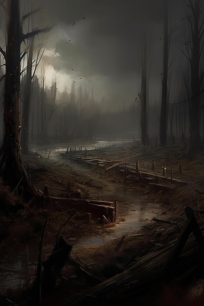 Ein dunkler Wald mit einer Brücke und einem Schild mit der Aufschrift „Der dunkle Wald“
