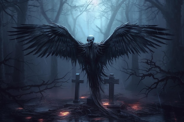 Ein dunkler Wald mit einer Krähe und einem Kreuz darauf