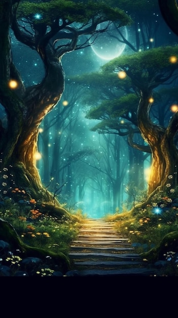 Ein dunkler Wald mit Treppen, die zu einem leuchtenden Weg führen