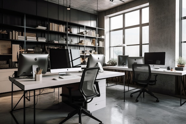 Ein dunkles Büro mit einem großen Fenster und einem Schreibtisch mit einem Computer darauf.
