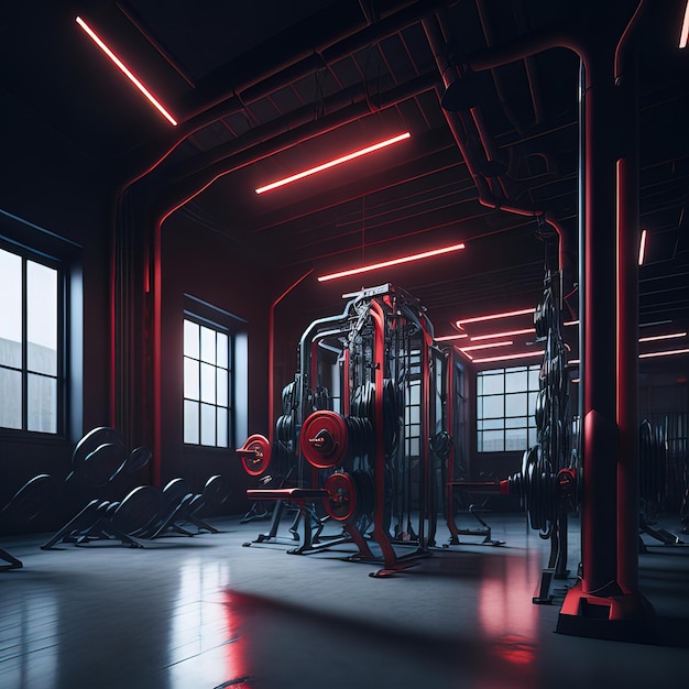 Foto ein dunkles fitnessstudio mit einem roten licht an der wand und einer hantelstange darin.