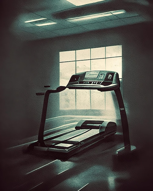 Ein dunkles Fitnessstudio mit Gewichtstange und Laufband