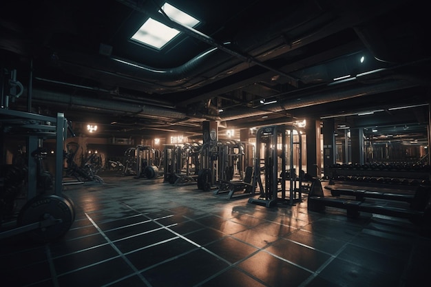 Ein dunkles Fitnessstudio mit vielen Geräten und einem Schild mit der Aufschrift „Fitnessstudio“.