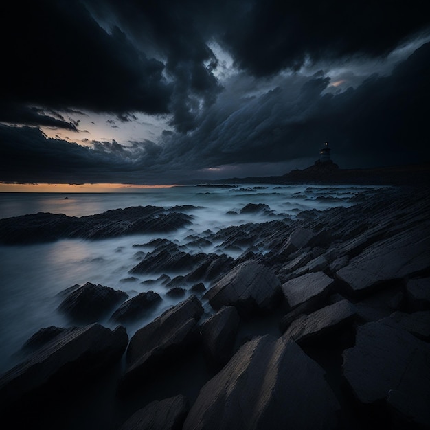 Ein dunkles Foto eines felsigen Strandes mit Himmel und Wolken im Hintergrund.