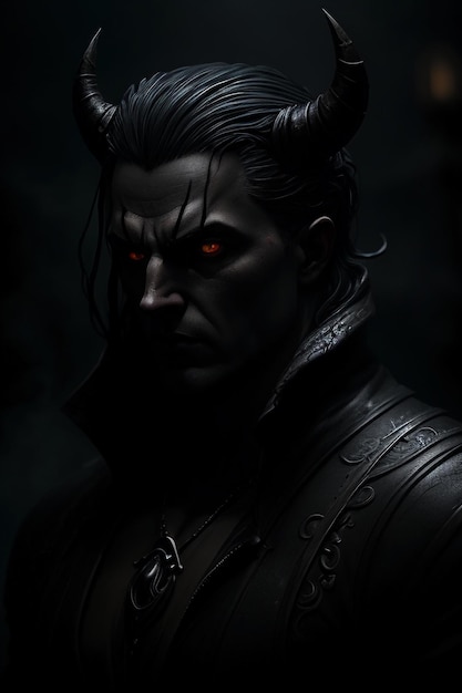 Ein dunkles Porträt eines männlichen Dämons mit roten Augen und schwarzem Hintergrund.