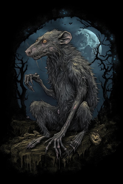 Ein dunkles Poster einer Ratte mit einem Mond im Hintergrund.
