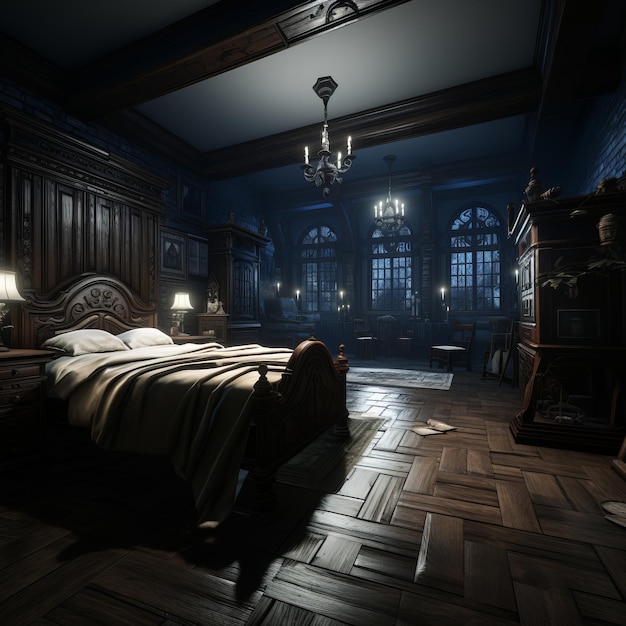 ein dunkles Schlafzimmer mit Bett und Kronleuchter