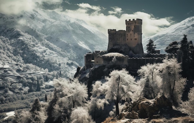 ein dunkles Schloss mit schneebedeckten Bäumen im Hintergrund