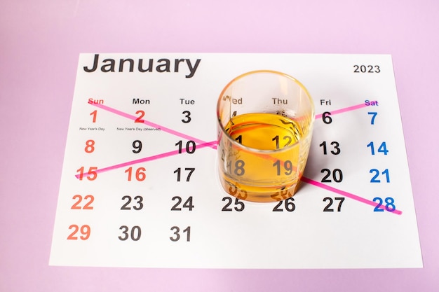 Ein durchgestrichener Januar-Kalender, ein Monat ohne Alkohol, ein Glas Whisky