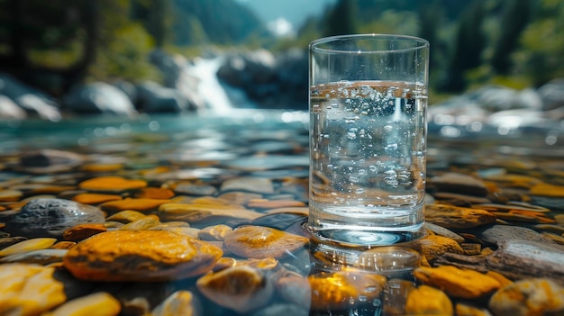 Ein durchsichtiges Glasglas mit Trinkwasser aus dem Berg auf dem Hintergrund eines Bergflusses Das Konzept des Trinkens von Mineralwasser