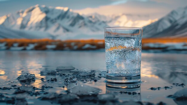 Ein durchsichtiges Glasglas mit Trinkwasser aus den Bergen auf dem Hintergrund schneebedeckter Berge Das Konzept des Trinkens von Mineralwasser