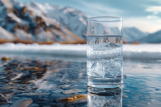 Ein durchsichtiges Glasglas mit Trinkwasser aus den Bergen auf dem Hintergrund schneebedeckter Berge Das Konzept des Trinkens von Mineralwasser