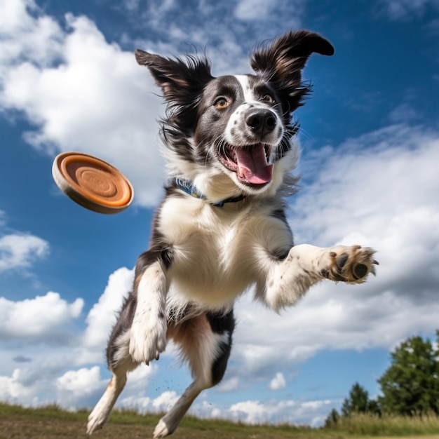 Ein dynamischer Hund fängt ein Frisbee in der Luft