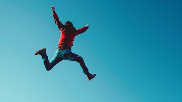 Ein dynamisches Bild, das den aufregenden Moment einfängt, in dem eine Person hoch in die Luft springt, um Freiheit und Freude auszudrücken.