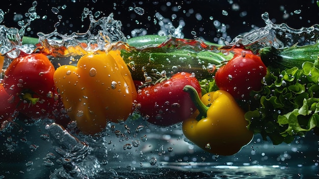 Ein dynamisches Bild von frischem Gemüse und Obst, das in Wasser spritzt