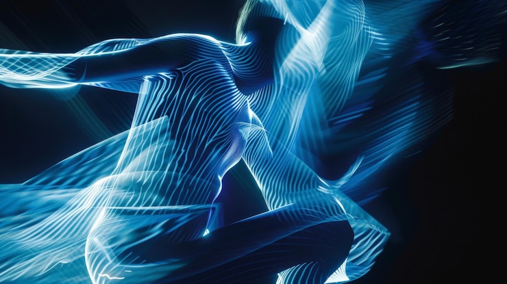 Foto ein dynamisches digitales kunstwerk mit abstraktem blauem licht, das eine figur in bewegung gegen einen dunklen hintergrund bildet und ein gefühl von energie und flüssigkeit hervorruft