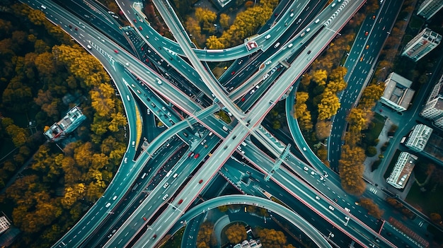 Ein dynamisches Foto, das eine Autobahnkreuzung aus der Luft aufnimmt