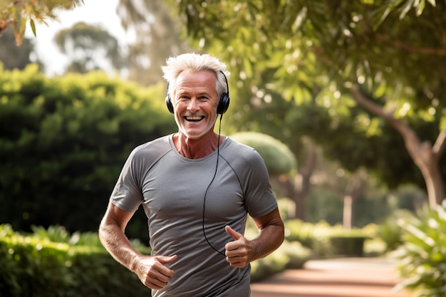 Ein dynamisches und inspirierendes Bild eines älteren Mannes bei einem Outdoor-Lauf in einem Park