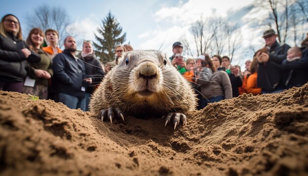 Foto ein echtes murmeltier, das aus seiner höhle auftaucht, umgeben von natur und einer neugierigen menge