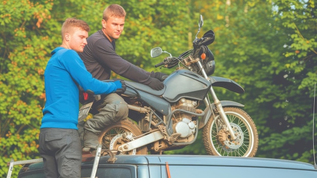 Foto ein effizientes umzugsteam belegt das motorrad sicher auf einen umzugswagen