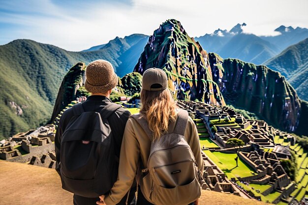 Foto ein ehepaar schaut sich machu picchu in peru an