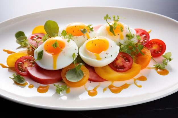 ein Ei- und Tomatengericht auf Weiß mit Grünen und Tomaten