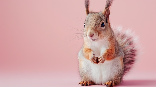 Ein Eichhörnchen auf einem pastellrosa Hintergrund