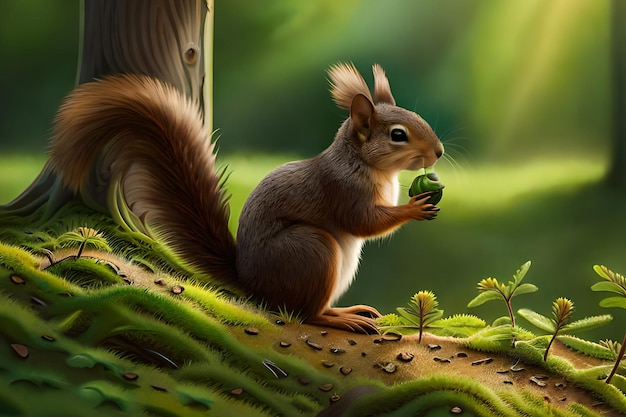 Ein Eichhörnchen, das eine Nuss in einem Baum isst