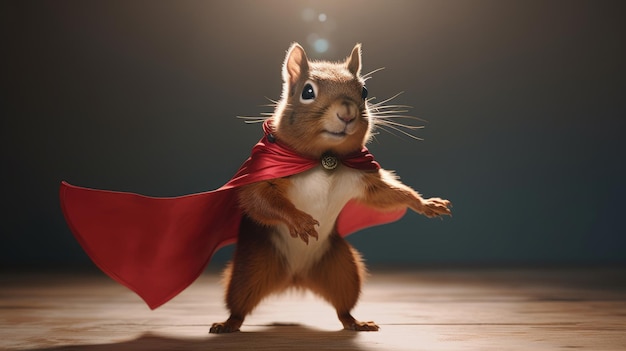 Ein Eichhörnchen, das einen Umhang mit einem roten Umhang trägt.