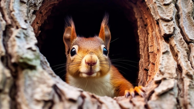 Ein Eichhörnchen, das hinter einem von der KI generierten Baumstamm hervorlugt
