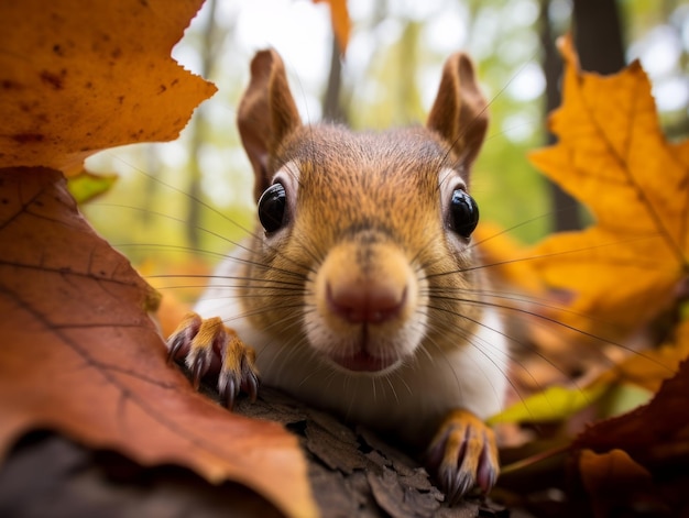 Ein Eichhörnchen, das sich im Baldachin eines Ahornbaums versteckt