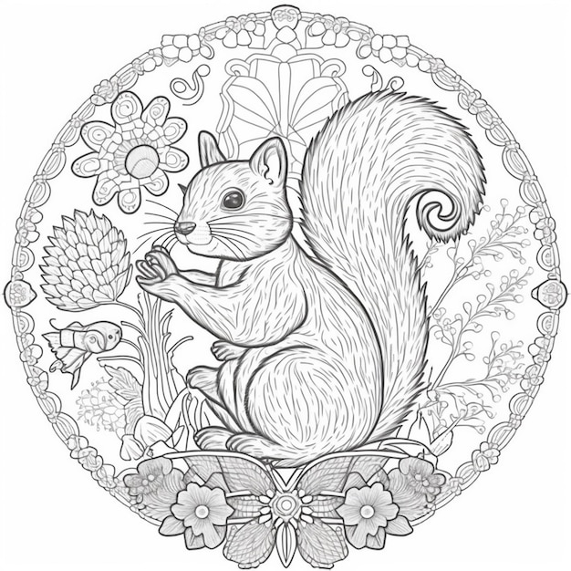 ein Eichhörnchen sitzt auf einem blumigen Kreis mit einer Blume im Hintergrund generativ ai