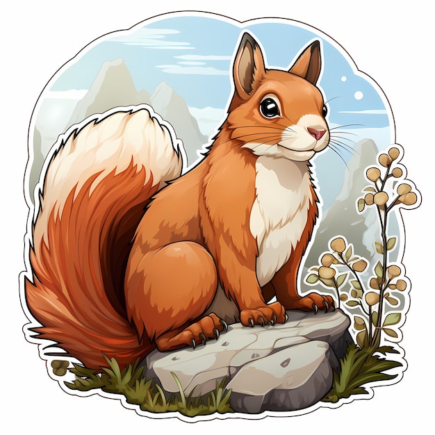 Ein Eichhörnchen sitzt auf einem Felsen mit Blumen im Hintergrund.