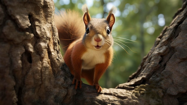 ein Eichhörnchen sitzt in einem Baum und schaut auf die Kamera