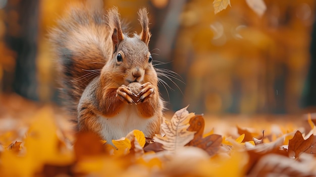 Ein Eichhörnchen zwischen den lebendigen gefallenen Blättern hält eine Nuss in den Händen Generative Ai