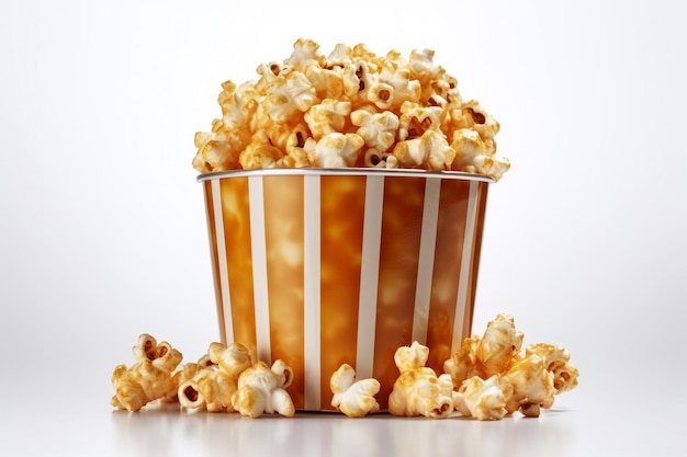 Ein Eimer mit Popcorn sitzt auf einem Tisch mit dem Wort Popcorn drauf.