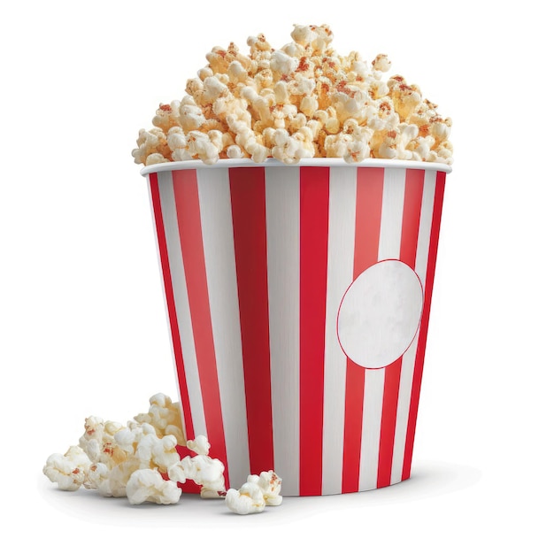 Ein Eimer Popcorn mit einem roten Streifen, auf dem "Popcorn" steht