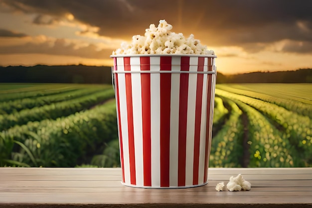 Ein Eimer Popcorn steht auf einem Tisch vor einem Feld.