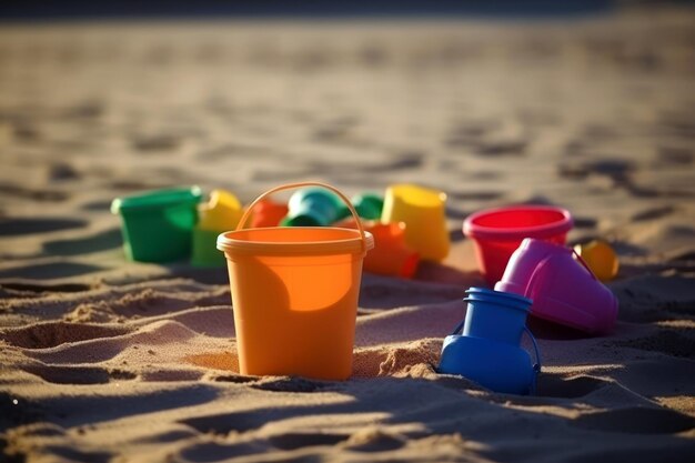 Ein Eimer Sand an einem Strand mit einem blauen Eimer darauf.