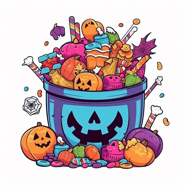 Ein Eimer voller Halloween-Süßigkeiten und Bonbons mit einer generativen Kürbislaterne