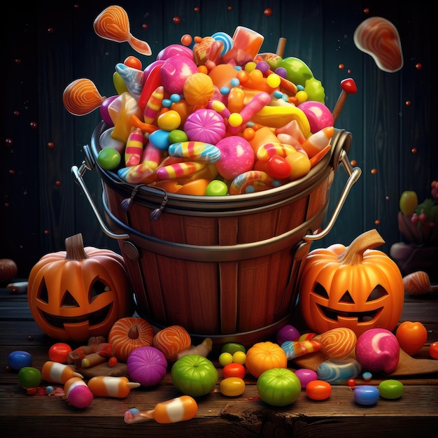 Ein Eimer voller leckerer Süßigkeiten und Bonbons, bereit für die generative KI an Halloween